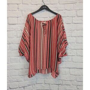 Parker Red Stripe Silk‎ Blouse Tie Neck Oversized Dolman Sleeve Top Womens S